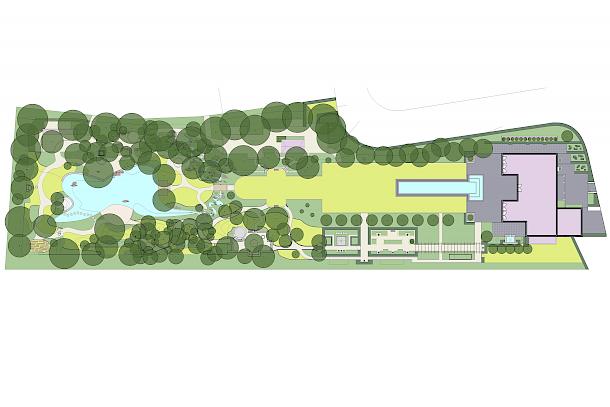 Gartenplan eines privaten Landschaftsparks (150 m x 36 m)