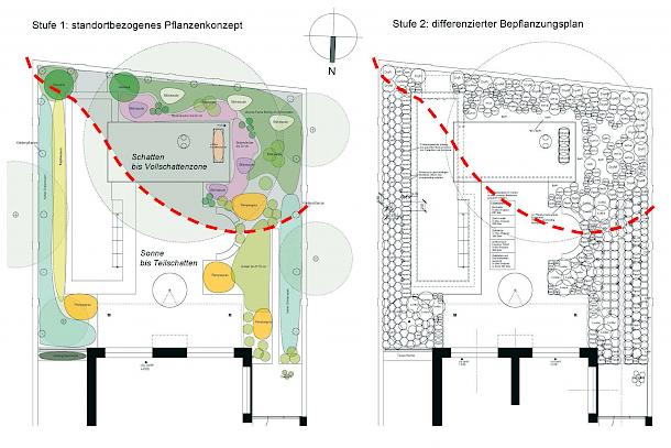 erste Pflanzidee und finaler, maßstäblicher Bepflanzungsplan
